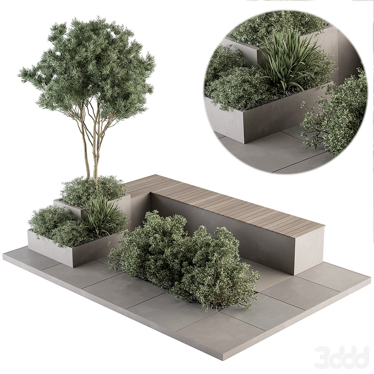 Urban Furniture / Architecture Bench with Garden Plants- Set 35